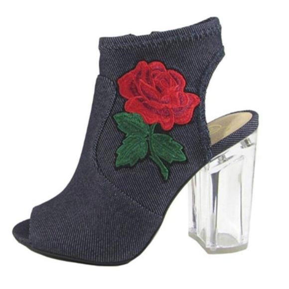 ROXANNE Denim Peep Toe Embroidered Ankle Boots - Picture 2 of 5